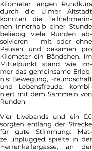 Kilometer langen Rundkurs durch die Ulmer Altstadt konnten die Teilnehmerinnen innerhalb einer Stunde beliebig viele ...