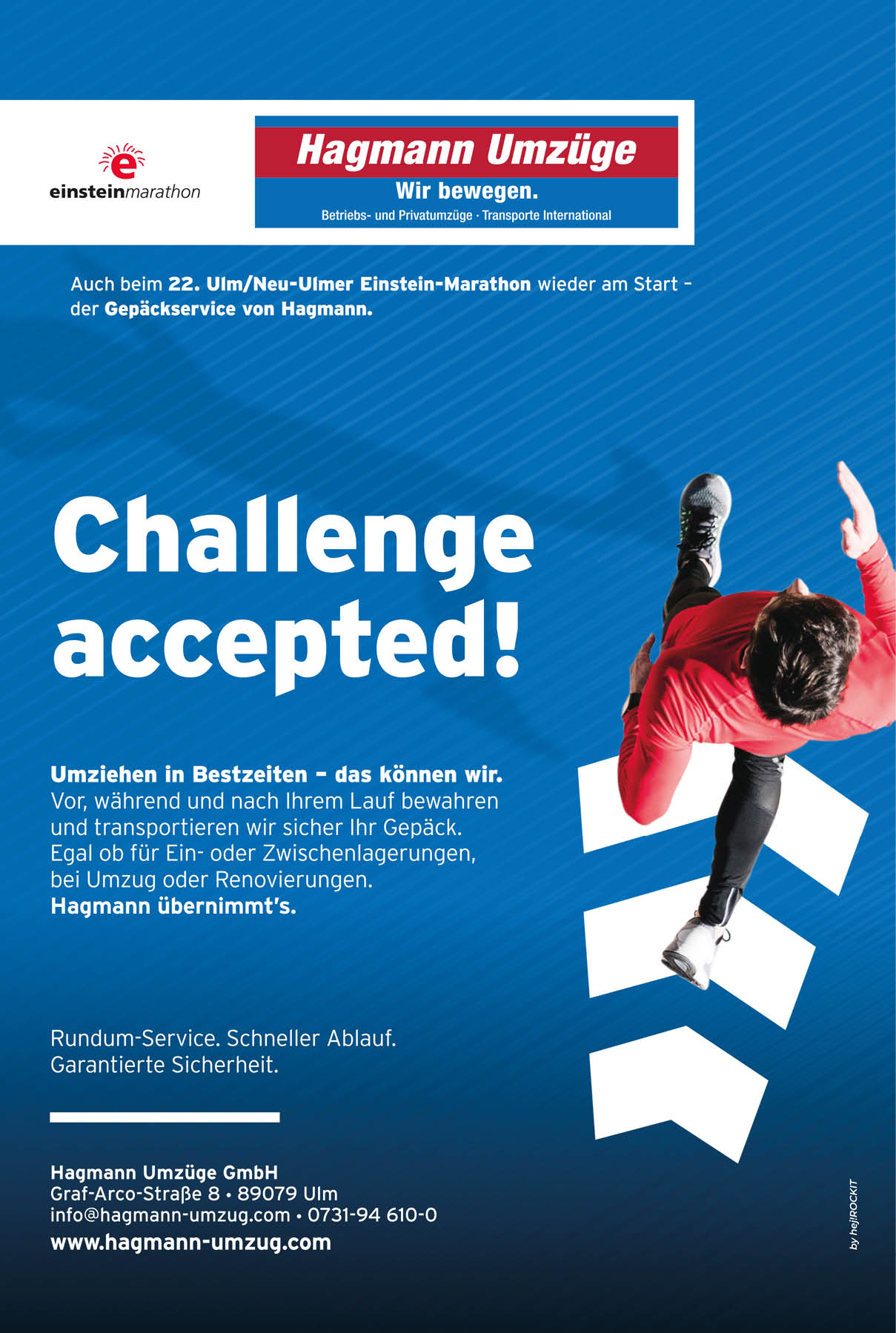 A person is jumping over a set of stairs on a poster. Beschreibung von KI generiert