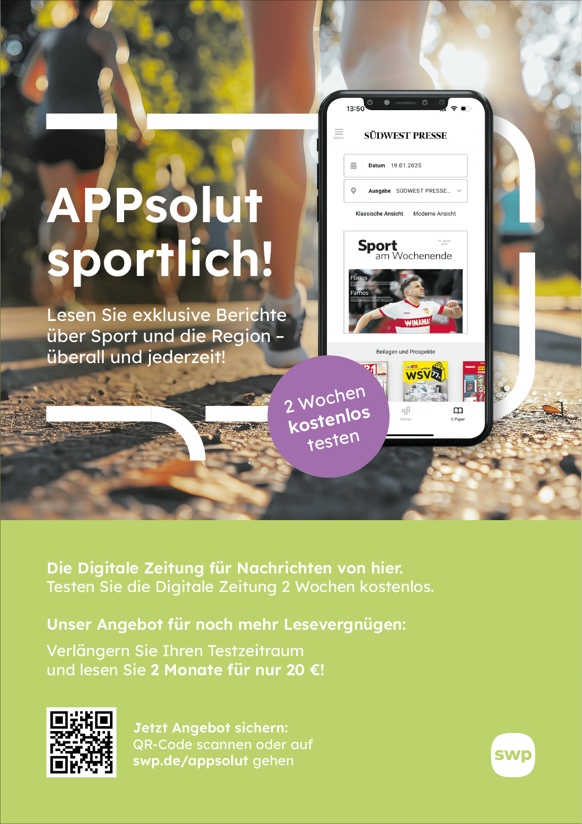 A green and white advertisement for an app. Beschreibung von KI generiert