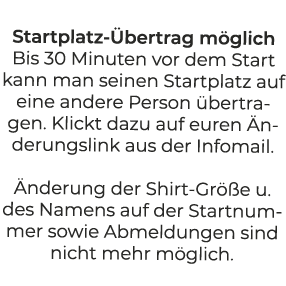 Startplatz bertrag m glich Bis 30 Minuten vor dem Start kann man seinen Startplatz auf eine andere Person  bertragen...