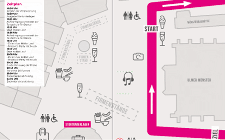 A map showing a race route starting near M nster Cathedral with marked start and finish points, accessible facilities, refreshment stands, and a schedule of event times. Beschreibung von KI generiert
