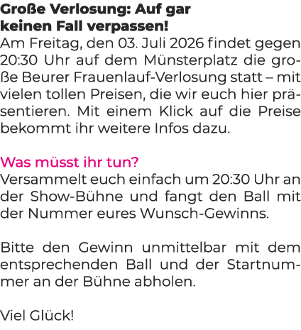 Gro e Verlosung: Auf gar keinen Fall verpassen! Am Freitag, den 03. Juli 2026 findet gegen 20:30 Uhr auf dem M nsterp...