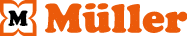 The logo features a bold orange flower shape with a black letter M inside and the word M ller in large orange letters to the right. Beschreibung von KI generiert