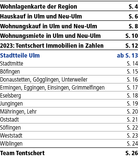 Wohnlagenkarte der Region S. 4 Hauskauf in Ulm und Neu Ulm S. 6 Wohnungskauf in Ulm und Neu Ulm S. 8 Wohnungsmiete in...