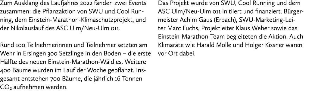 Zum Ausklang des Laufjahres 2022 fanden zwei Events zusammen: die Pflanzaktion von SWU und Cool Running, dem Einstein...