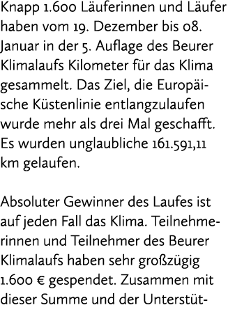 Knapp 1.600 L uferinnen und L ufer haben vom 19. Dezember bis 08. Januar in der 5. Auflage des Beurer Klimalaufs Kilo...
