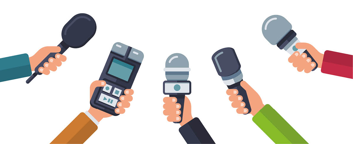 Hands holding microphones, press conference vector. Concept media press, reporter with dictaphone illustration