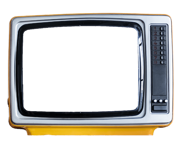 People holding retro television next to each other