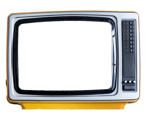 People holding retro television next to each other