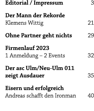 Editorial / Impressum 3 Der Mann der Rekorde Klemens Wittig 21 Ohne Partner geht nichts 29 Firmenlauf 2023 1 Anmeldun...