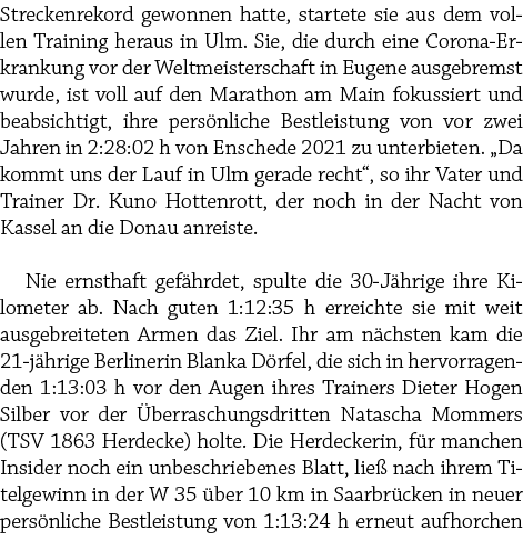 Streckenrekord gewonnen hatte, startete sie aus dem vollen Training heraus in Ulm. Sie, die durch eine Corona Erkrank...