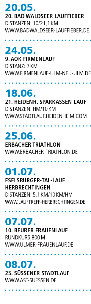 20.05. 20. Bad Waldseer Lauffieber Distanzen: 10/21,1 km www.badwaldseer lauffieber.de 24.05. 9. AOK Firmenlauf Dista...