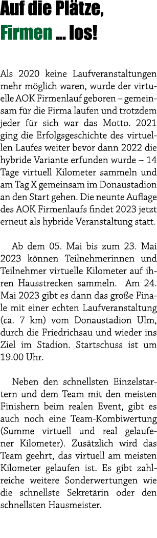 Auf die Pl tze, Firmen … los! Als 2020 keine Laufveranstaltungen mehr m glich waren, wurde der virtuelle AOK Firmenla...