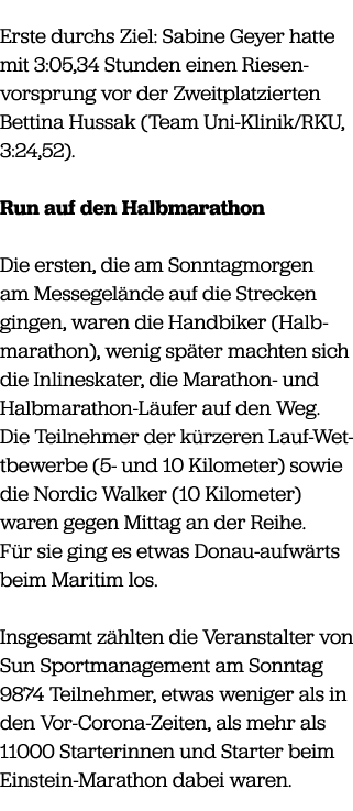 Erste durchs Ziel: Sabine Geyer hatte mit 3:05,34 Stunden einen Riesen­vorsprung vor der Zweitplatzierten Bettina Hus...