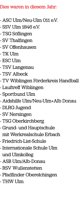 Dies waren in diesem Jahr: ASC Ulm/Neu Ulm 011 e.V. SSV Ulm 1846 e.V. TSG S flingen SV Thalfingen SV Offenhausen TK U...