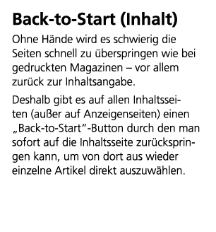 Back to Start (Inhalt) Ohne H nde wird es schwierig die Seiten schnell zu berspringen wie bei gedruckten Magazinen –...