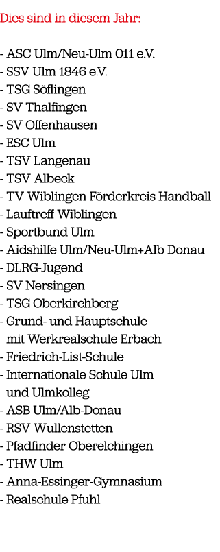Dies sind in diesem Jahr: ASC Ulm/Neu Ulm 011 e.V. SSV Ulm 1846 e.V. TSG S flingen SV Thalfingen SV Offenhausen ESC U...