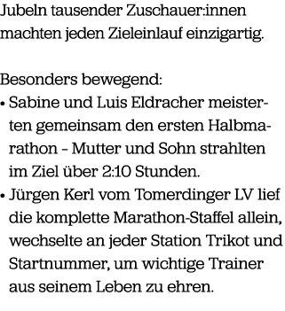 Jubeln tausender Zuschauer:innen machten jeden Zieleinlauf einzigartig. Besonders bewegend: • Sabine und Luis Eldrach...