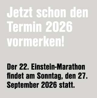 Jetzt schon den Termin 2026 vormerken! Der 22. Einstein Marathon findet am Sonntag, den 27. September 2026 statt.