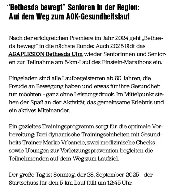 “Bethesda bewegt” Senioren in der Region: Auf dem Weg zum AOK Gesundheitslauf Nach der erfolgreichen Premiere im Jahr...