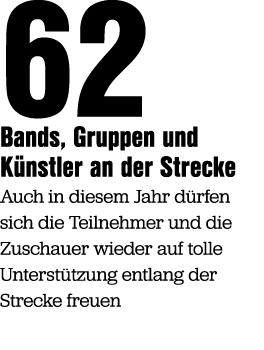 62 Bands, Gruppen und K nstler an der Strecke Auch in diesem Jahr d rfen sich die Teilnehmer und die Zuschauer wieder...