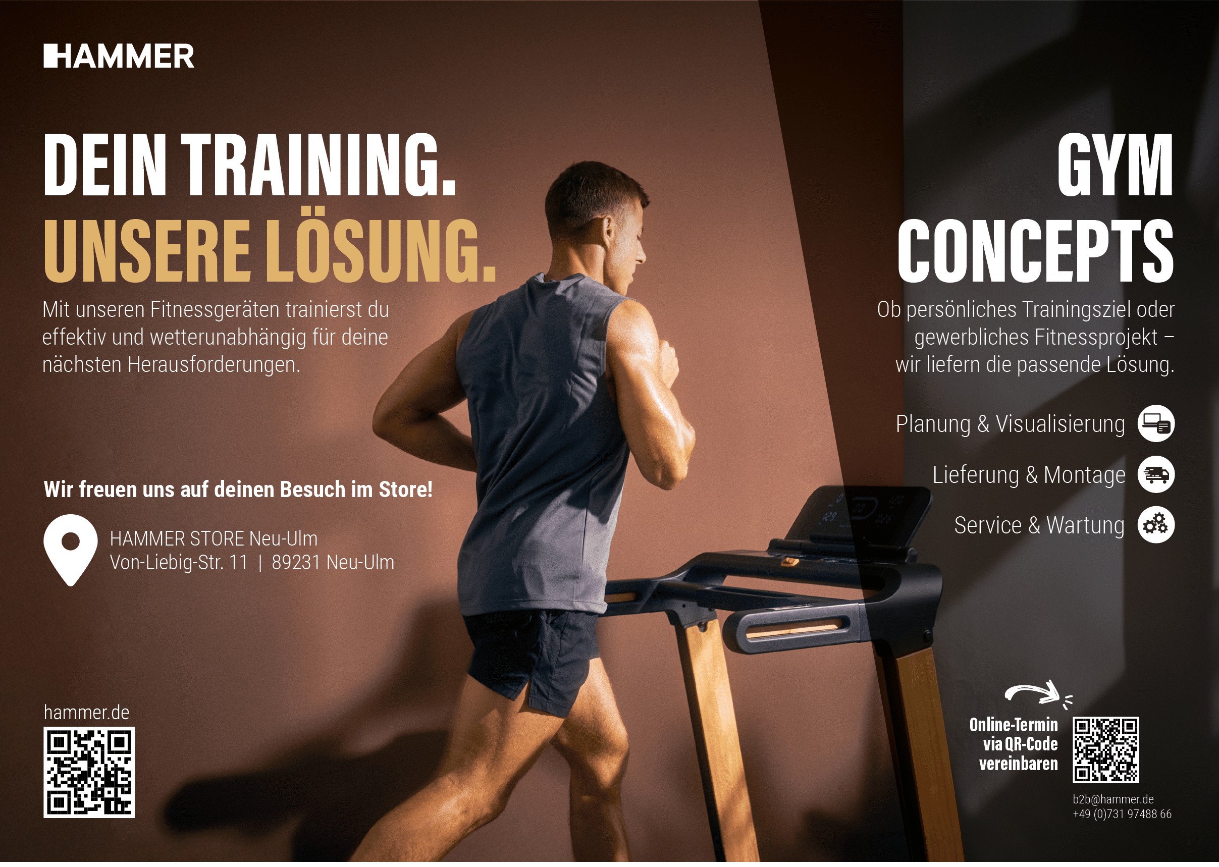 A person in athletic clothing is running on a treadmill in a gym setting with text promoting personalized fitness training and gym concepts in German. Beschreibung von KI generiert