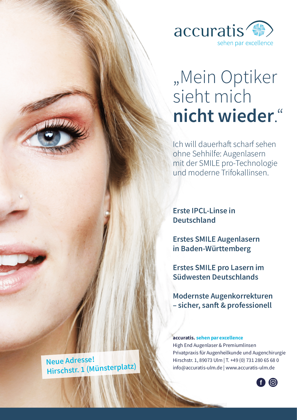A close-up of a person with light hair smiling next to German text promoting advanced eye care technology and services from accuratis. Beschreibung von KI generiert
