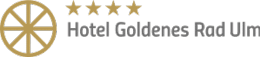 A logo featuring a gold circular wheel with eight spokes, four gold stars above, and the text “Hotel Goldenes Rad Ulm" in gray. Beschreibung von KI generiert
