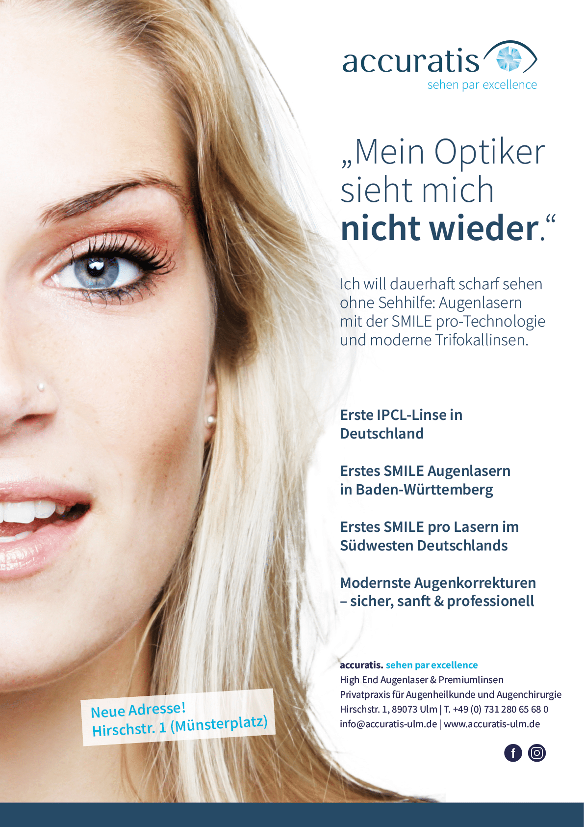 A close-up of a person with light hair smiling next to German text promoting advanced eye care technology and services from accuratis. Beschreibung von KI generiert