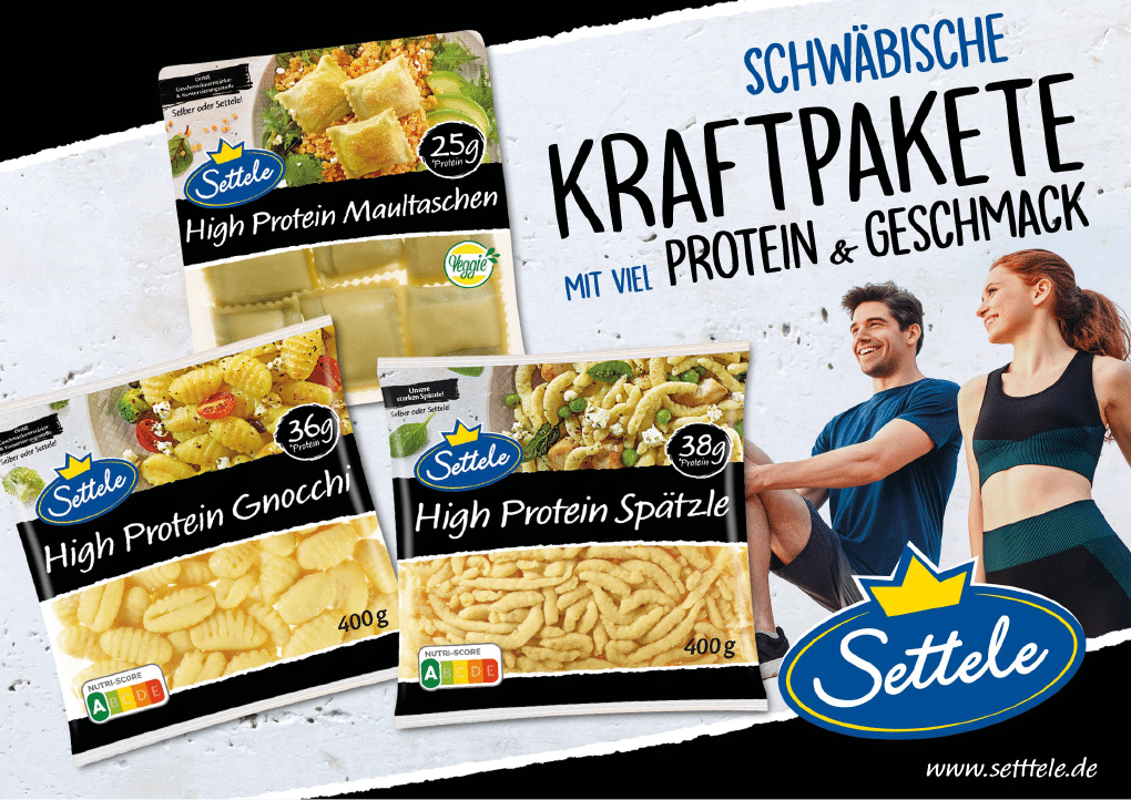 Three packages of high protein German pasta varieties are displayed alongside two adults in athletic clothing stretching and smiling, with bold text promoting protein and flavor. Beschreibung von KI generiert