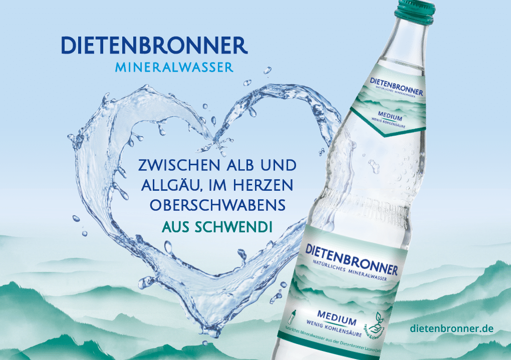 A bottle of Dietenbronner mineral water is shown next to a heart shape made of splashing water with German text promoting the water from the region between Alb and Allg u. Beschreibung von KI generiert