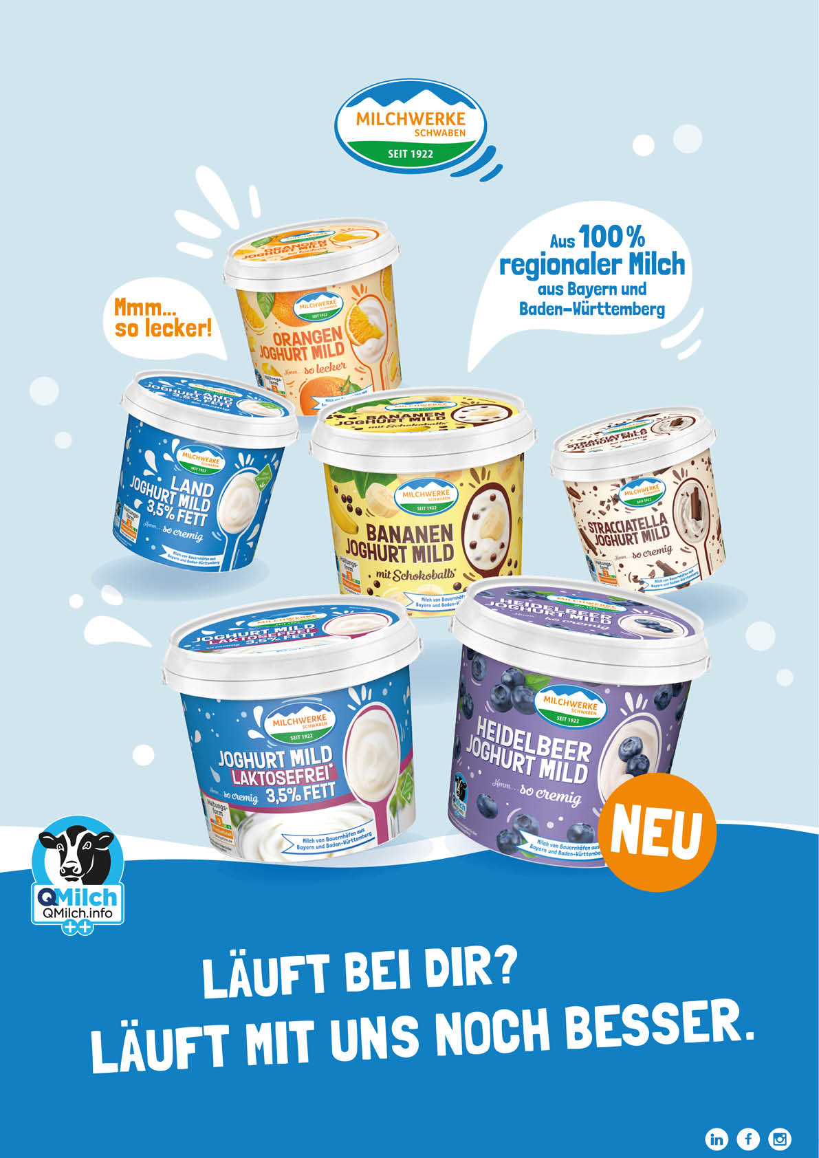 Six colorful yogurt containers with different fruit flavors are arranged against a light blue background with German text promoting the use of regional milk from Bavaria and Baden-W rttemberg. Beschreibung von KI generiert