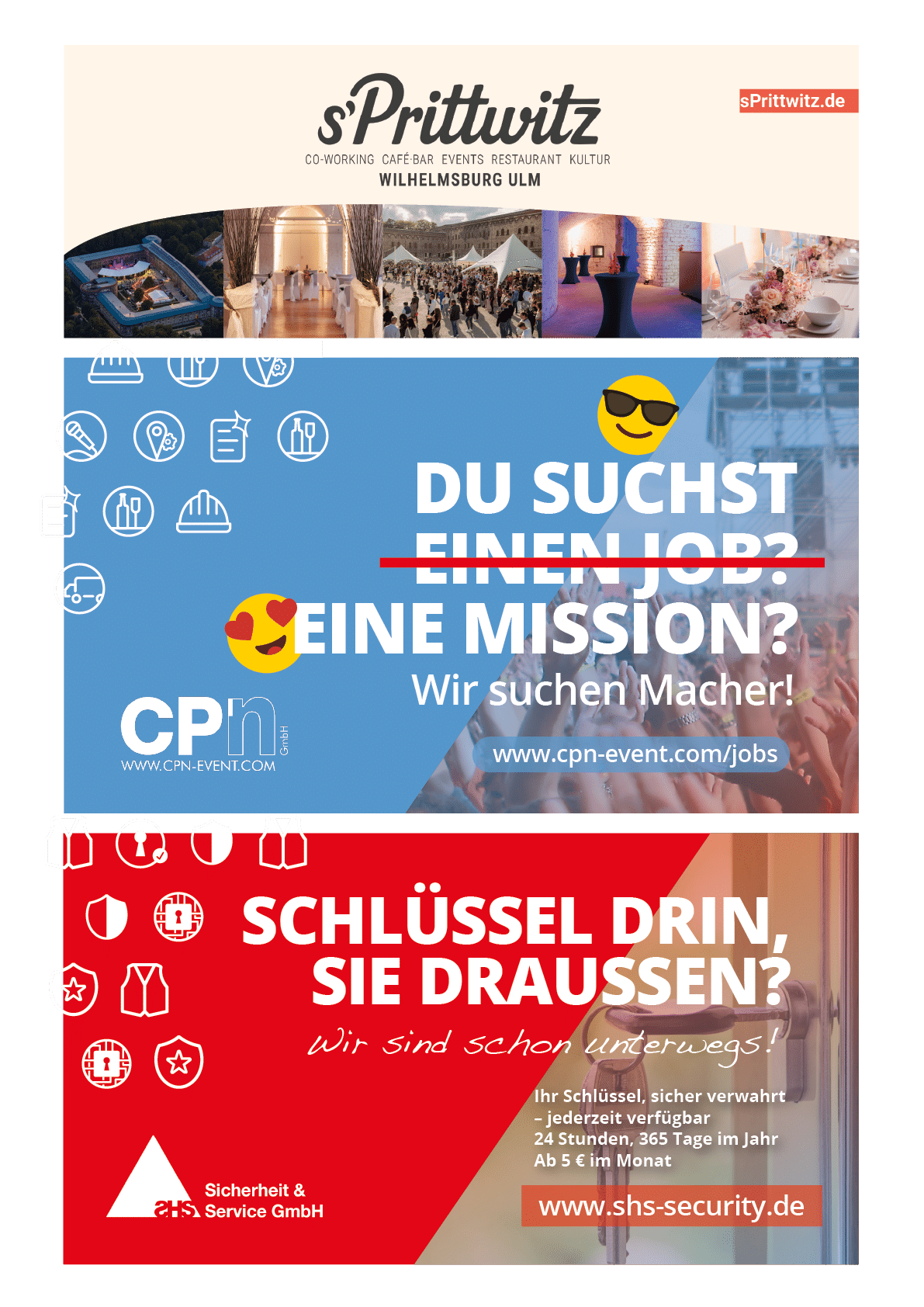 A promotional collage featuring a cultural venue named Sprittwitz with images of art and events, a blue advertisement encouraging job seekers to find a mission with CP1, and a red security company ad inviting people to join their team. Beschreibung von KI generiert