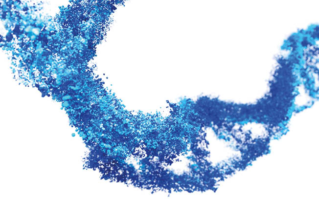 A vibrant blue abstract swirl composed of numerous small particles on a white background. Beschreibung von KI generiert
