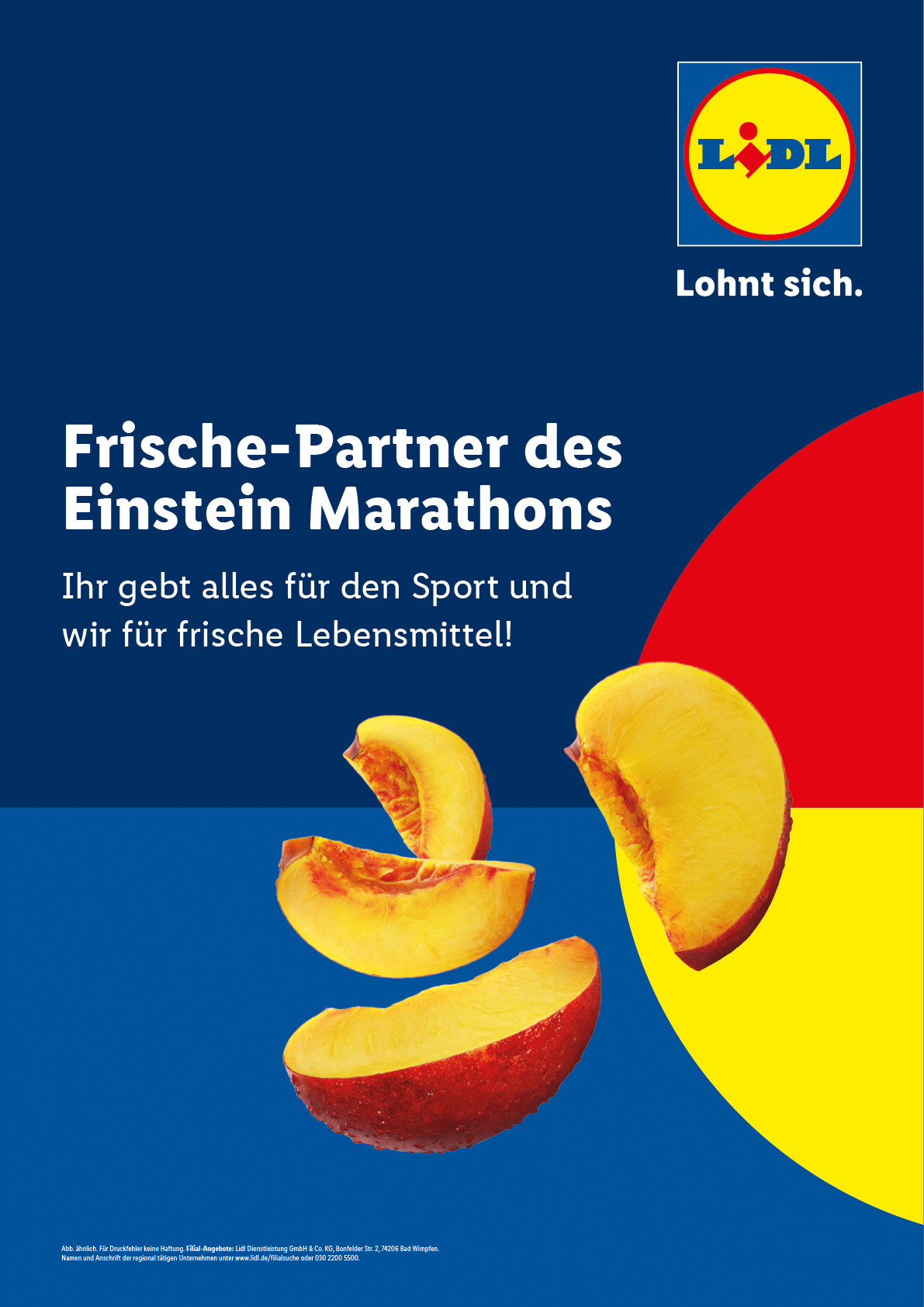 Lidl advertisement promoting fresh food as a partner of the Einstein Marathon with sliced peach pieces on a blue, red, and yellow background. Beschreibung von KI generiert