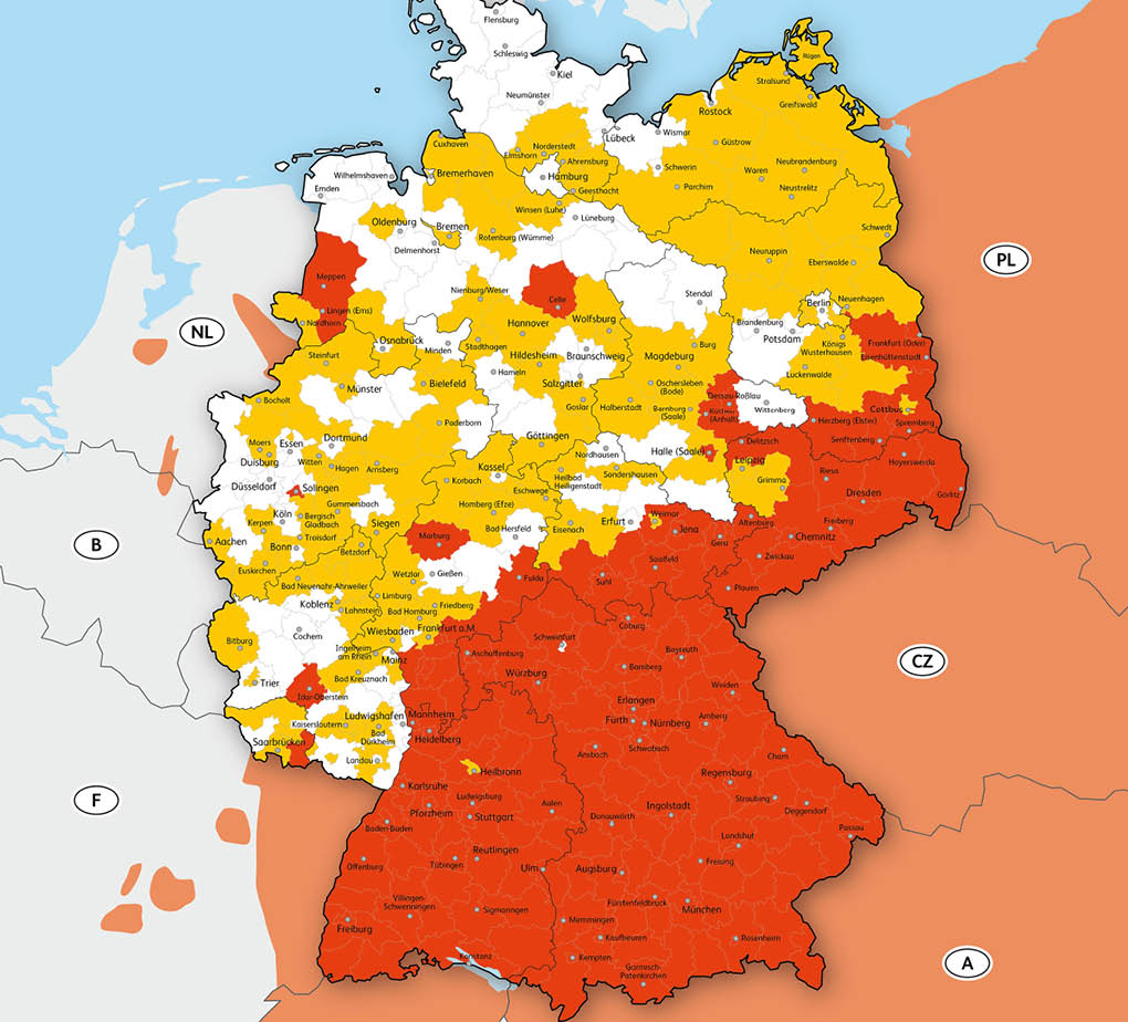A color-coded map of Germany showing regions in red, yellow, and white with surrounding countries labeled. Beschreibung von KI generiert