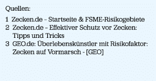 Quellen: 1 Zecken.de – Startseite & FSME Risikogebiete 2 Zecken.de – Effektiver Schutz vor Zecken: Tipps und Tricks 3...