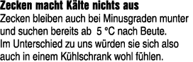 Zecken macht K lte nichts aus Zecken bleiben auch bei Minusgraden munter und suchen bereits ab 5 °C nach Beute. Im Un...