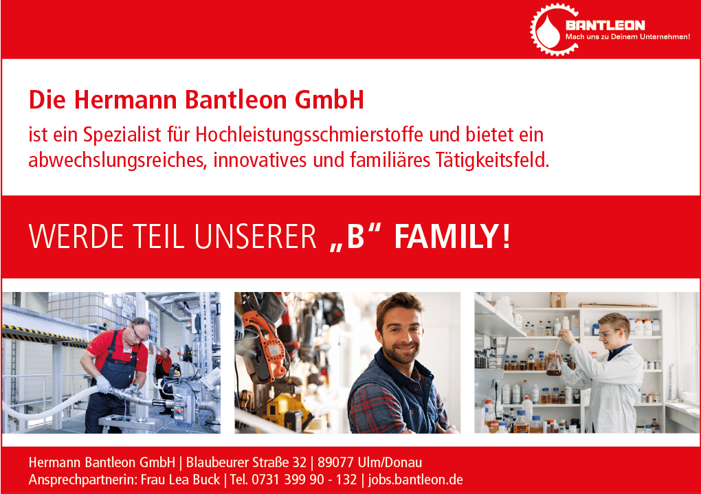 A professional recruitment advertisement for Hermann Bantleon GmbH features adults working in industrial and laboratory settings, highlighting a friendly and innovative work environment. Beschreibung von KI generiert