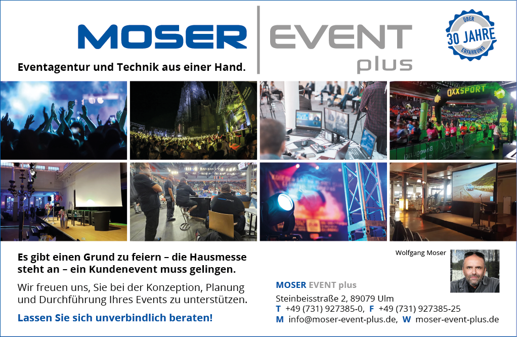 A promotional flyer for MOSER EVENT plus features multiple photos of event setups, lighting, and people working with technical equipment, accompanied by German text about event planning services and contact information. Beschreibung von KI generiert