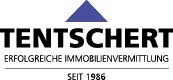 The logo features the word “TENTSCHERT" in bold black letters with a blue triangle above it, accompanied by the phrases "ERFOLGREICHE IMMOBILIENVERMITTLUNG" and "SEIT 1986" below in smaller text. Beschreibung von KI generiert