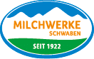 A logo with blue mountains at the top, the word “MILCHWERKE" in orange, "SCHWABEN" in smaller orange text below it, and "SEIT 1922" in white on a green background at the bottom, all enclosed in a blue oval. Beschreibung von KI generiert