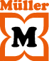 The logo features the word M ller in bold orange text above a stylized orange flower shape with a large black letter M in the center. Beschreibung von KI generiert