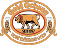 A vintage-style logo featuring a brown bull with a red wreath around its neck inside an oval frame with the text Gold Ochsen and Ulms Fl ssiges Gold. Beschreibung von KI generiert