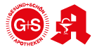 A red circular logo with the letters G+S in white surrounded by the words Gesund + Sch n Apotheken and a large red stylized letter A with a white pharmacy symbol inside. Beschreibung von KI generiert