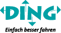 The word “DING" is displayed in bold teal letters with arrows pointing up, down, left, and right around it, and the phrase "Einfach besser fahren" is written below in italic black text. Beschreibung von KI generiert