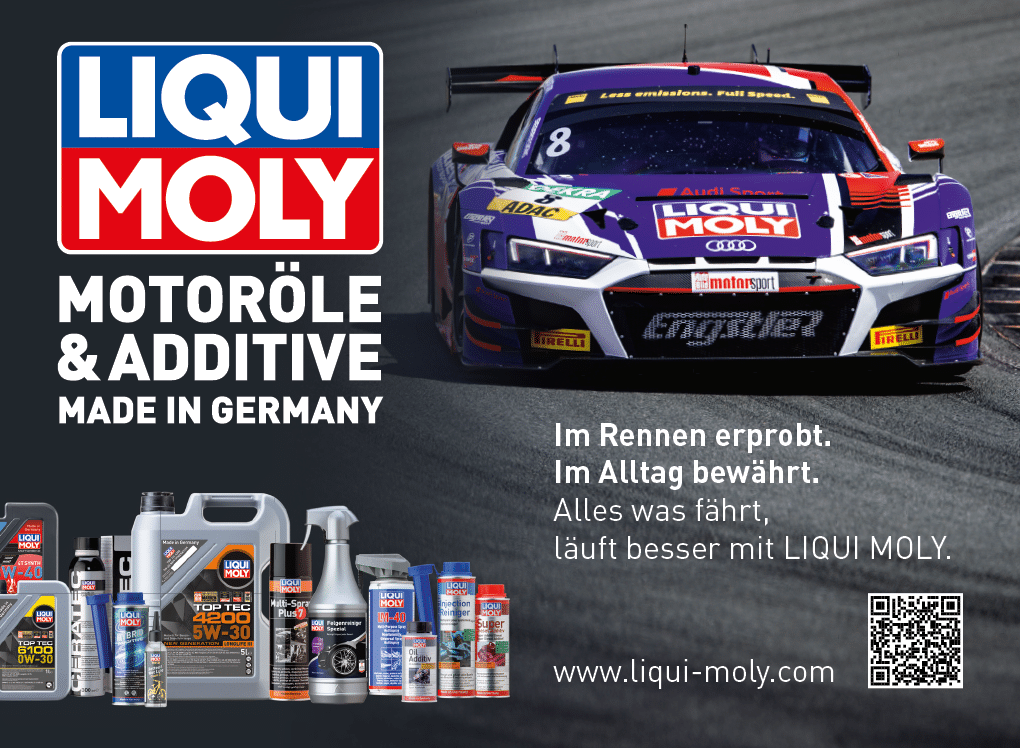 A racing car with Liqui Moly branding is shown on a track alongside various Liqui Moly motor oil and additive products with German text promoting their reliability and performance. Beschreibung von KI generiert