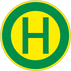 A green letter H inside a yellow circle with a green border, resembling a bus stop sign. Beschreibung von KI generiert