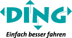 The word “DING" is stylized with arrows pointing up, down, left, and right around the letters, accompanied by the German phrase "Einfach besser fahren" in italic below. Beschreibung von KI generiert