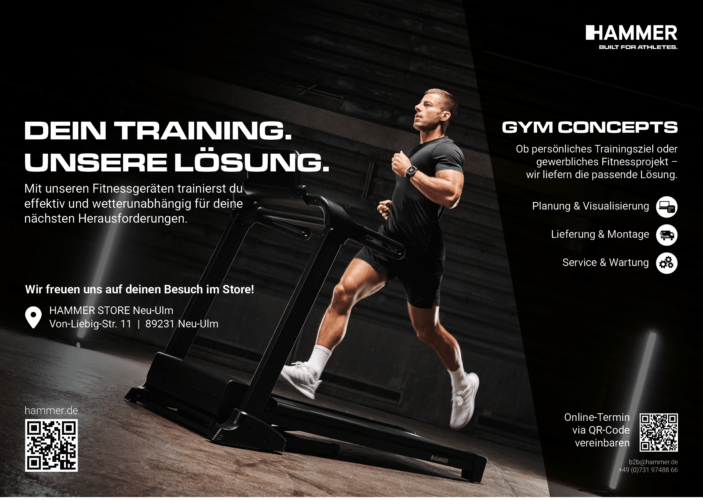 An adult wearing athletic clothing is running on a treadmill in a dark gym setting with promotional text in German about fitness training and gym concepts surrounding the scene. Beschreibung von KI generiert